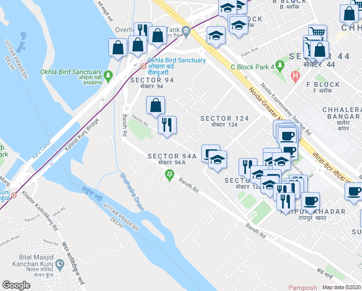 map of restaurants, bars, coffee shops, grocery stores, and more near Sector Road in New Okhla Industrial Development Area