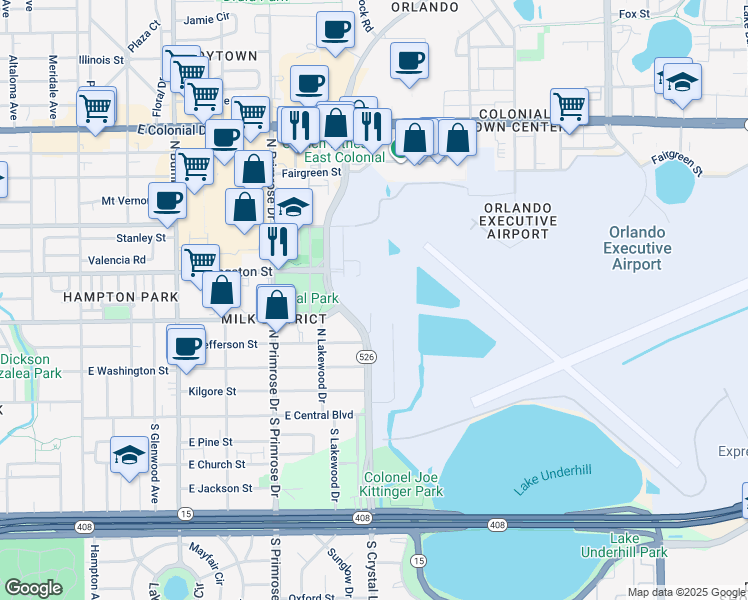 map of restaurants, bars, coffee shops, grocery stores, and more near 321 North Crystal Lake Drive in Orlando