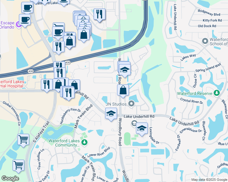 map of restaurants, bars, coffee shops, grocery stores, and more near 12846 Maribou Circle in Orlando