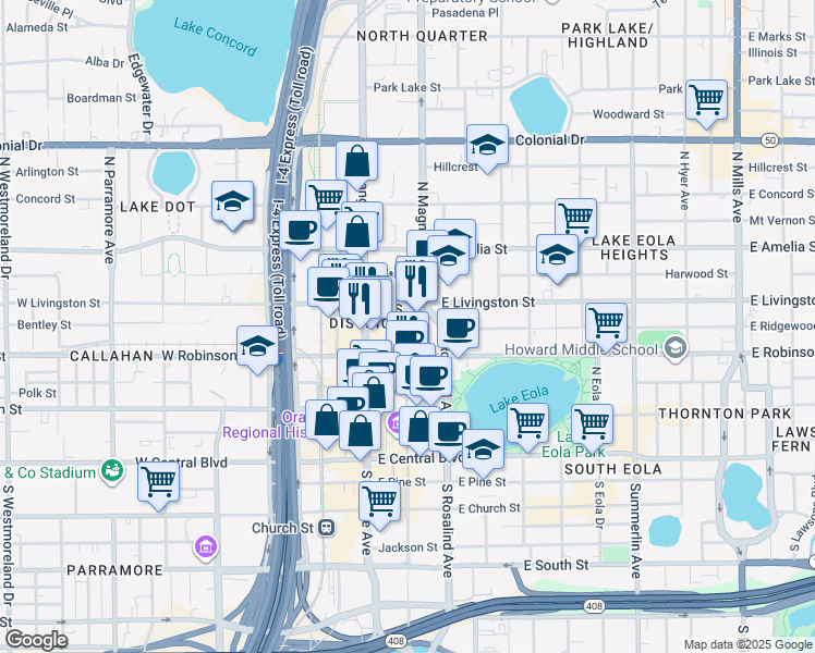 map of restaurants, bars, coffee shops, grocery stores, and more near 320 North Magnolia Avenue in Orlando