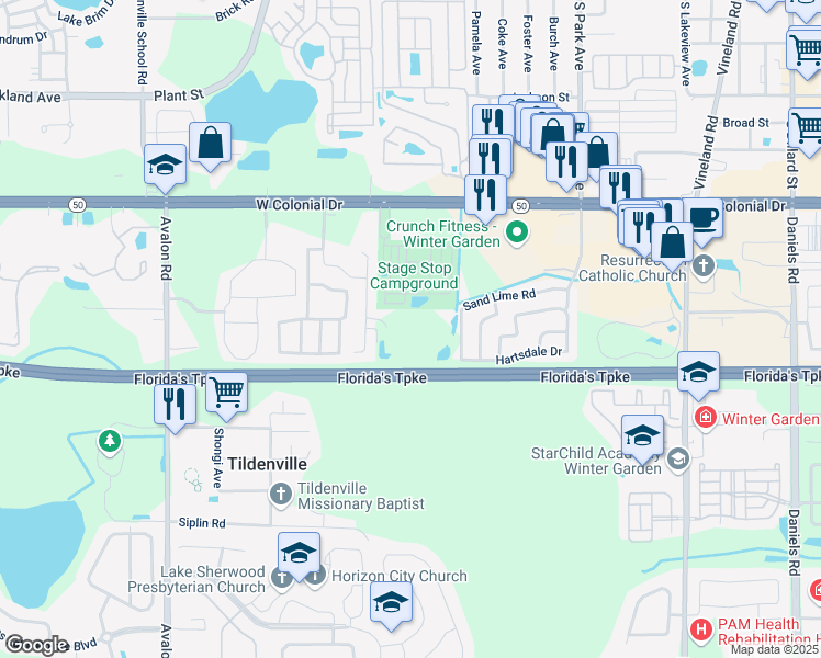 map of restaurants, bars, coffee shops, grocery stores, and more near 818 Swallow Tail Drive in Winter Garden