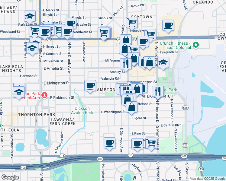 map of restaurants, bars, coffee shops, grocery stores, and more near 2175 Ridgewood Street in Orlando