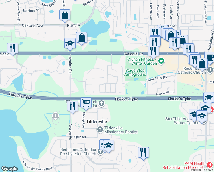 map of restaurants, bars, coffee shops, grocery stores, and more near 1313 Eagle Lane in Winter Garden