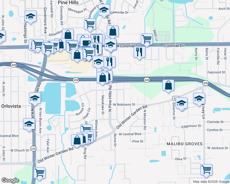 map of restaurants, bars, coffee shops, grocery stores, and more near 348 Pearlwood Street in Orlando