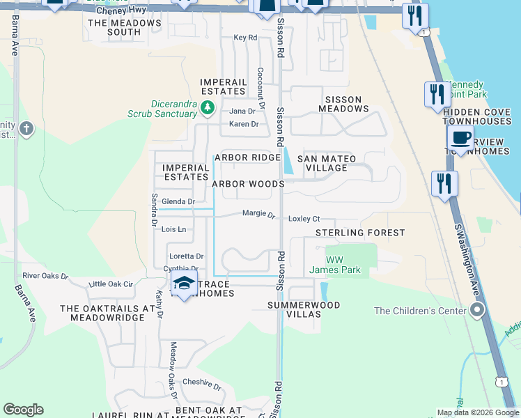 map of restaurants, bars, coffee shops, grocery stores, and more near 500 Margie Drive in Titusville