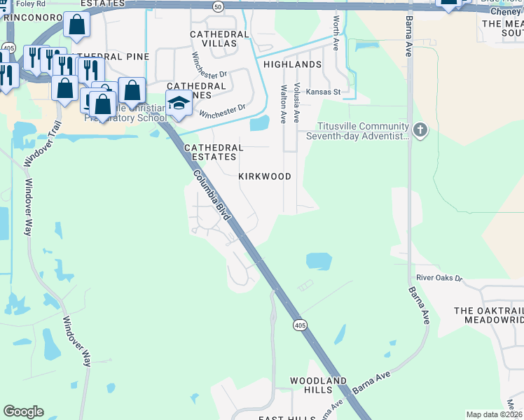 map of restaurants, bars, coffee shops, grocery stores, and more near 5155 Kirkwood Trail in Titusville