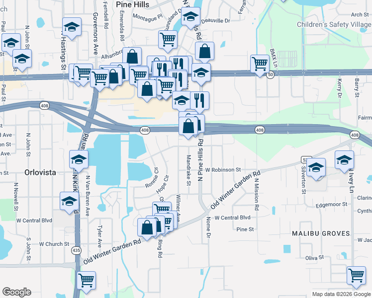 map of restaurants, bars, coffee shops, grocery stores, and more near 367 Mandrake Street in Orlando