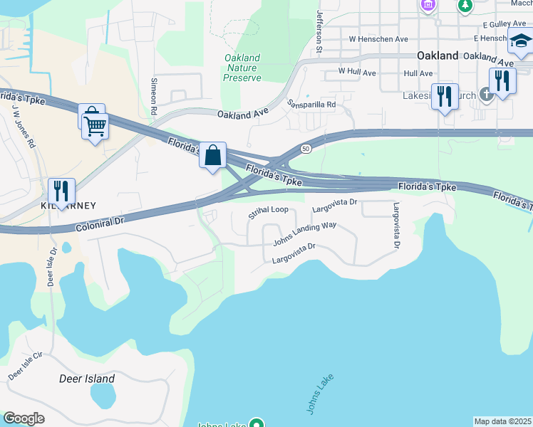 map of restaurants, bars, coffee shops, grocery stores, and more near 706 Strihal Loop in Winter Garden