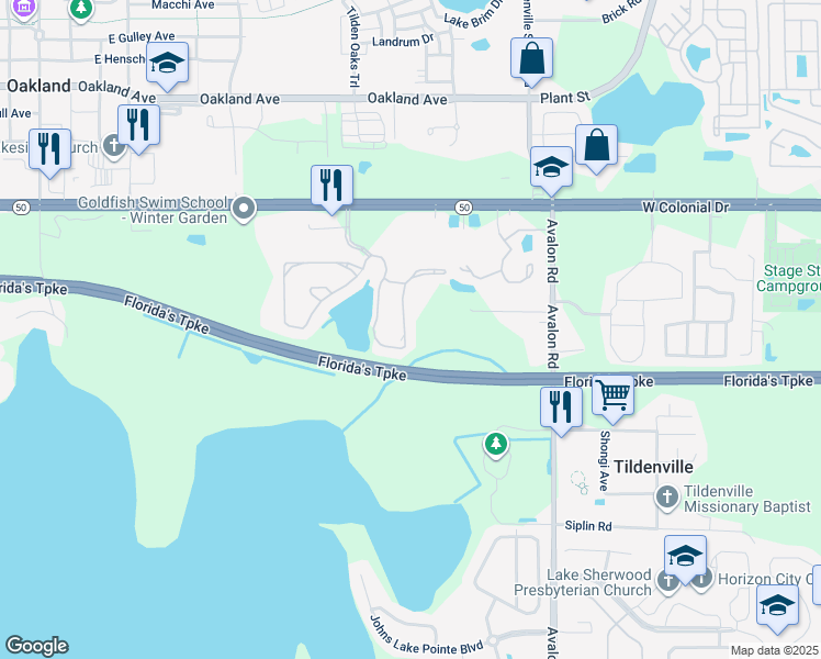 map of restaurants, bars, coffee shops, grocery stores, and more near 1478 Broken Oak Drive in Winter Garden