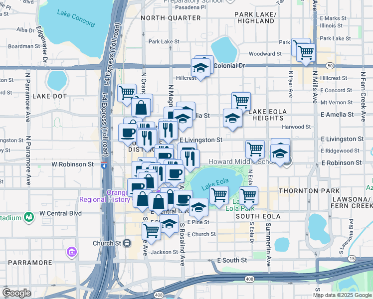 map of restaurants, bars, coffee shops, grocery stores, and more near 209 East Ridgewood Street in Orlando