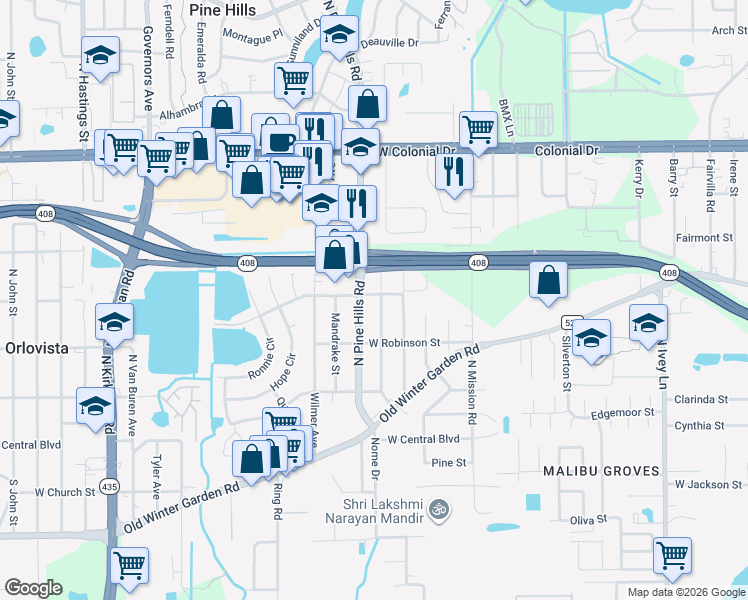 map of restaurants, bars, coffee shops, grocery stores, and more near 354 Pearlwood Street in Orlando