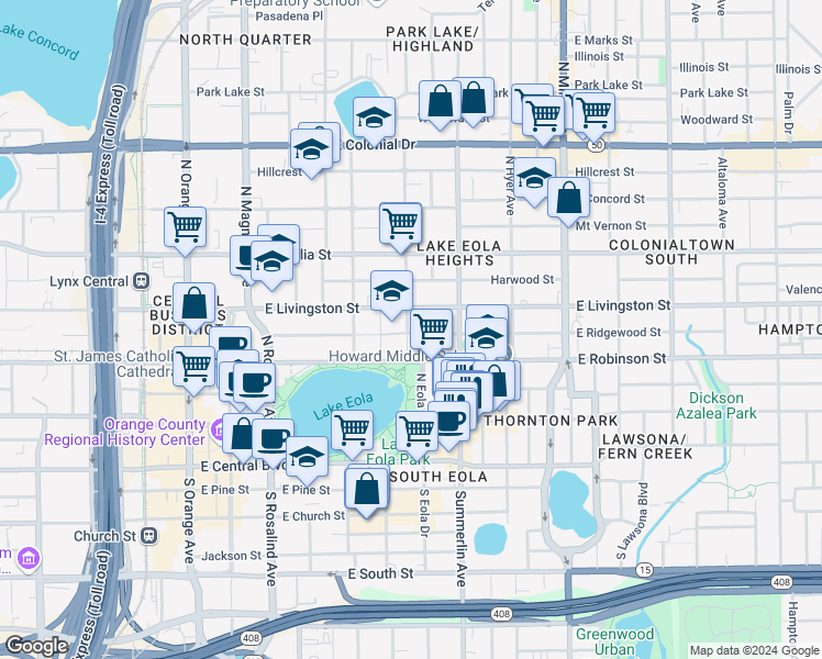 map of restaurants, bars, coffee shops, grocery stores, and more near 601 East Ridgewood Street in Orlando