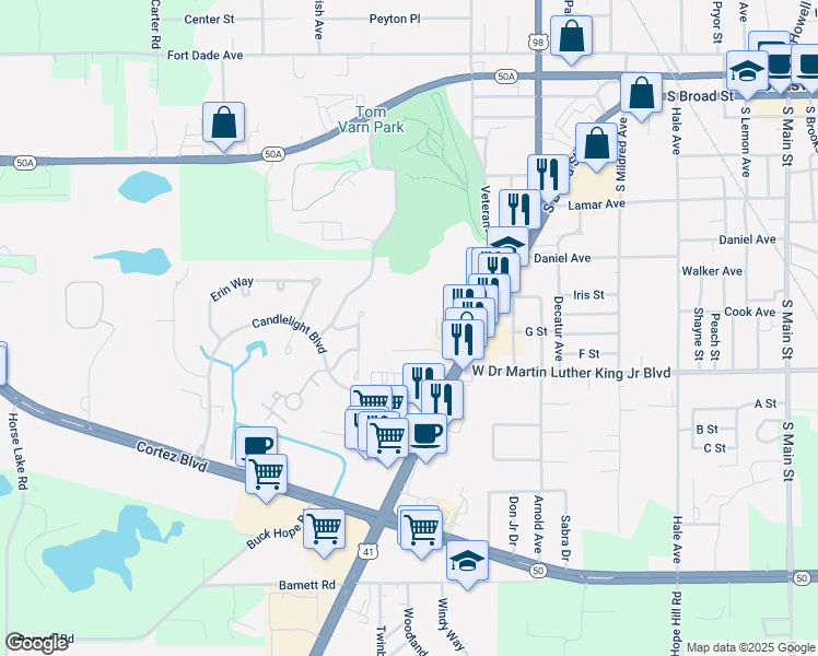 map of restaurants, bars, coffee shops, grocery stores, and more near 1114 Chatman Boulevard in Brooksville