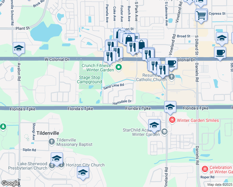 map of restaurants, bars, coffee shops, grocery stores, and more near 334 Windford Court in Winter Garden