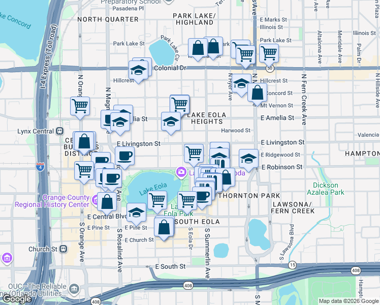 map of restaurants, bars, coffee shops, grocery stores, and more near 601 East Ridgewood Street in Orlando