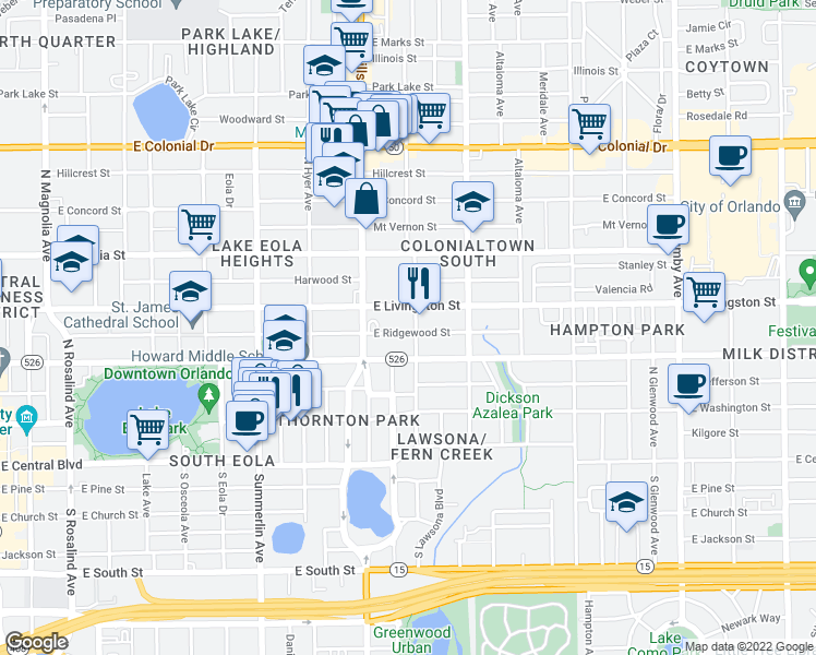 map of restaurants, bars, coffee shops, grocery stores, and more near 1232 East Ridgewood Street in Orlando
