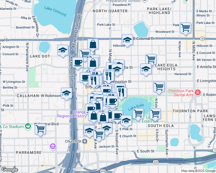 map of restaurants, bars, coffee shops, grocery stores, and more near 305 Palmetto Avenue in Orlando