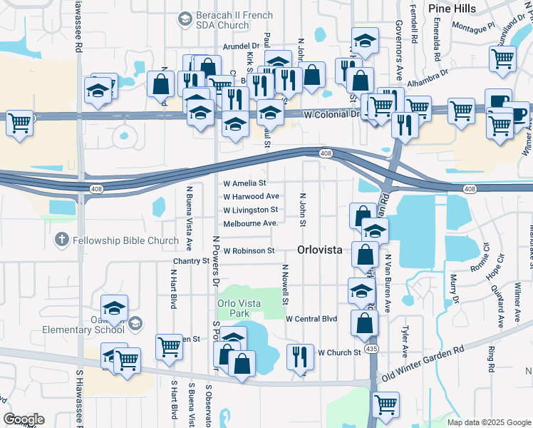 map of restaurants, bars, coffee shops, grocery stores, and more near 6039 Melbourne Avenue in Orlando