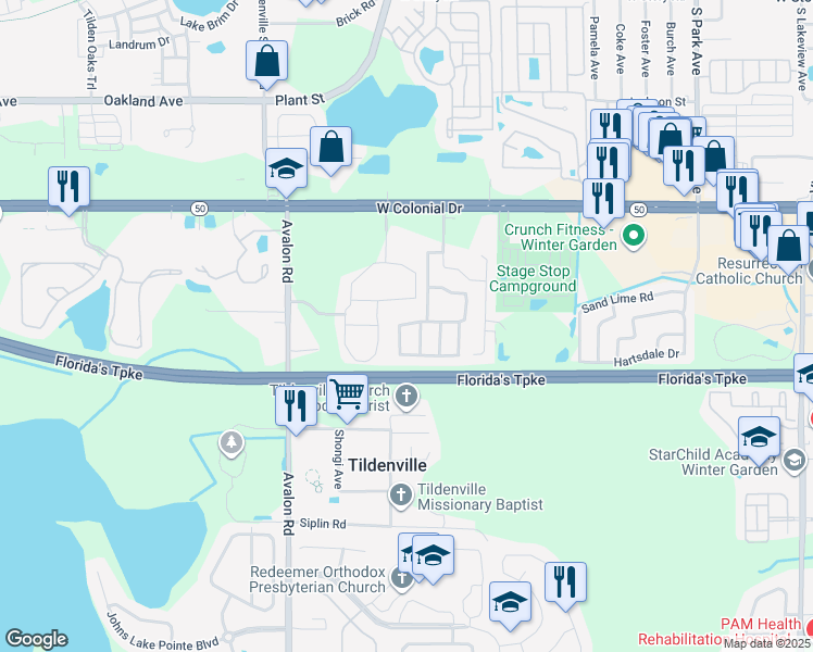 map of restaurants, bars, coffee shops, grocery stores, and more near 1328 Eagle Lane in Winter Garden