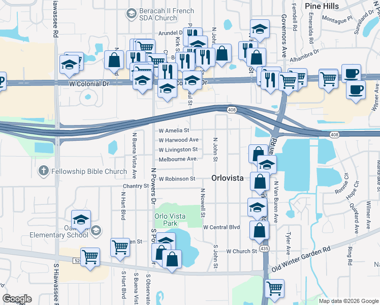 map of restaurants, bars, coffee shops, grocery stores, and more near 6039 Melbourne Avenue in Orlando