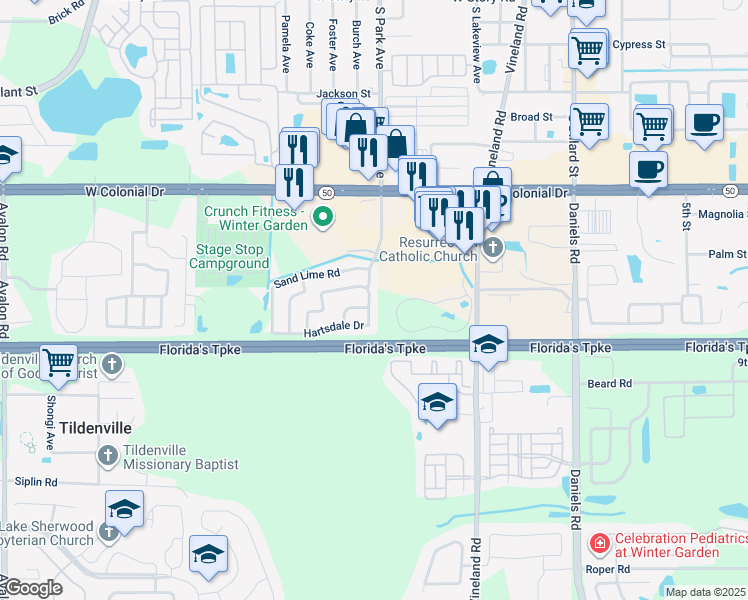 map of restaurants, bars, coffee shops, grocery stores, and more near 1253 South Park Avenue in Winter Garden