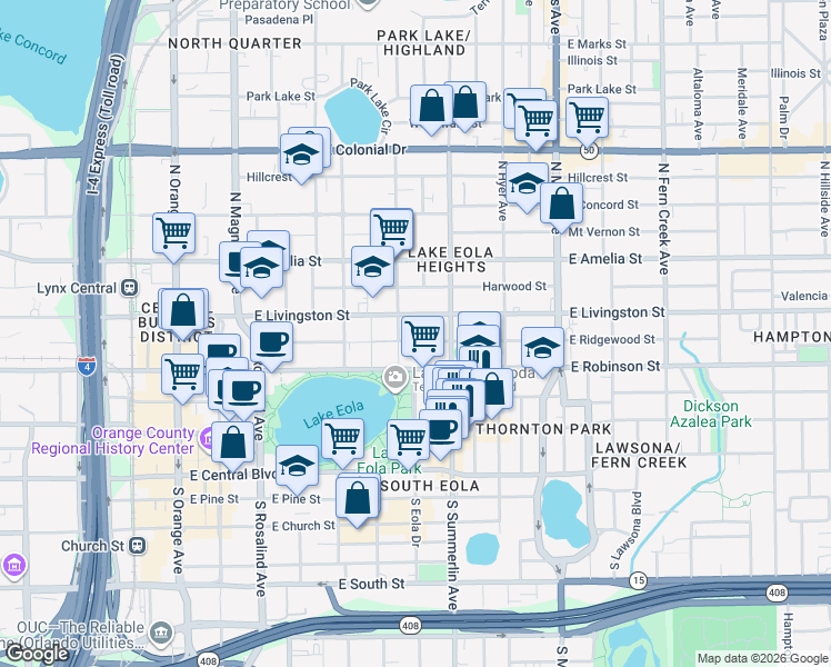 map of restaurants, bars, coffee shops, grocery stores, and more near 601 East Ridgewood Street in Orlando
