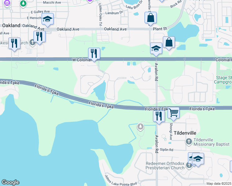 map of restaurants, bars, coffee shops, grocery stores, and more near 1458 Broken Oak Drive in Winter Garden