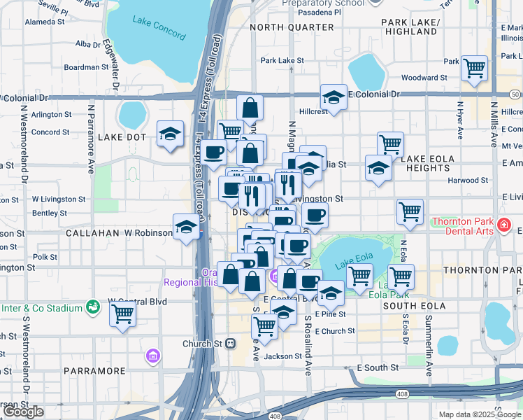 map of restaurants, bars, coffee shops, grocery stores, and more near 320 North Magnolia Avenue in Orlando