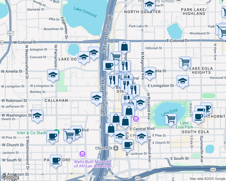 map of restaurants, bars, coffee shops, grocery stores, and more near 344 State Lane in Orlando
