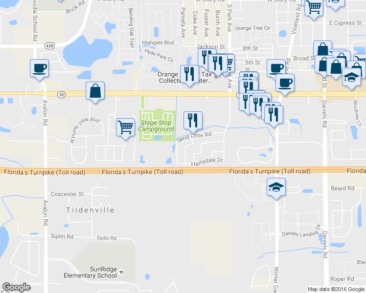 map of restaurants, bars, coffee shops, grocery stores, and more near 1286 Winter Green Way in Winter Garden
