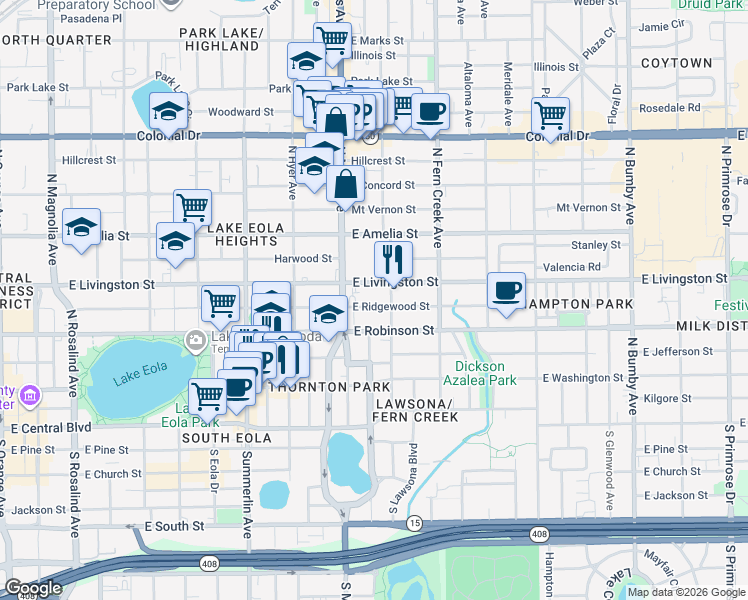 map of restaurants, bars, coffee shops, grocery stores, and more near 1232 East Ridgewood Street in Orlando