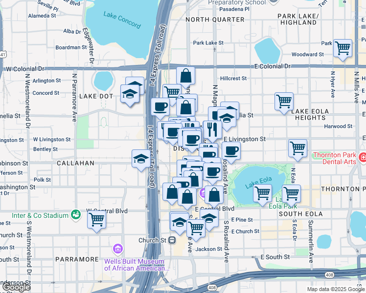 map of restaurants, bars, coffee shops, grocery stores, and more near 336 North Orange Avenue in Orlando