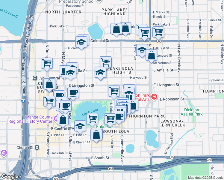 map of restaurants, bars, coffee shops, grocery stores, and more near 613 East Ridgewood Street in Orlando