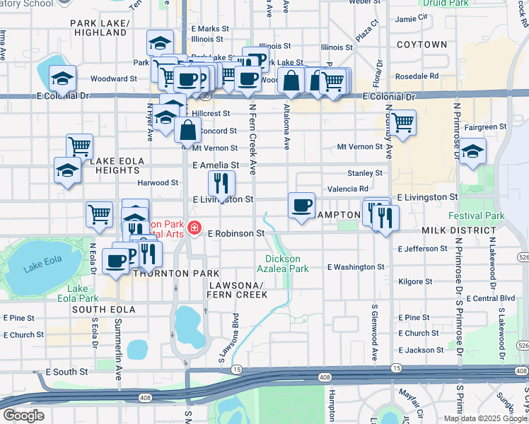 map of restaurants, bars, coffee shops, grocery stores, and more near 315 North Fern Creek Avenue in Orlando