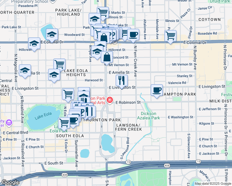 map of restaurants, bars, coffee shops, grocery stores, and more near 1232 East Ridgewood Street in Orlando