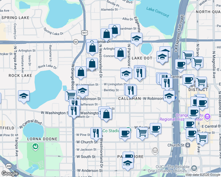 map of restaurants, bars, coffee shops, grocery stores, and more near 806 Bentley Street in Orlando