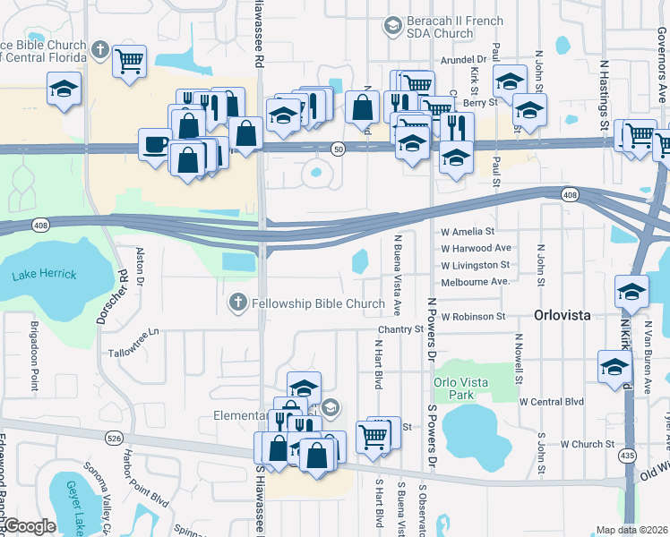 map of restaurants, bars, coffee shops, grocery stores, and more near 6781 West Livingston Street in Orlando