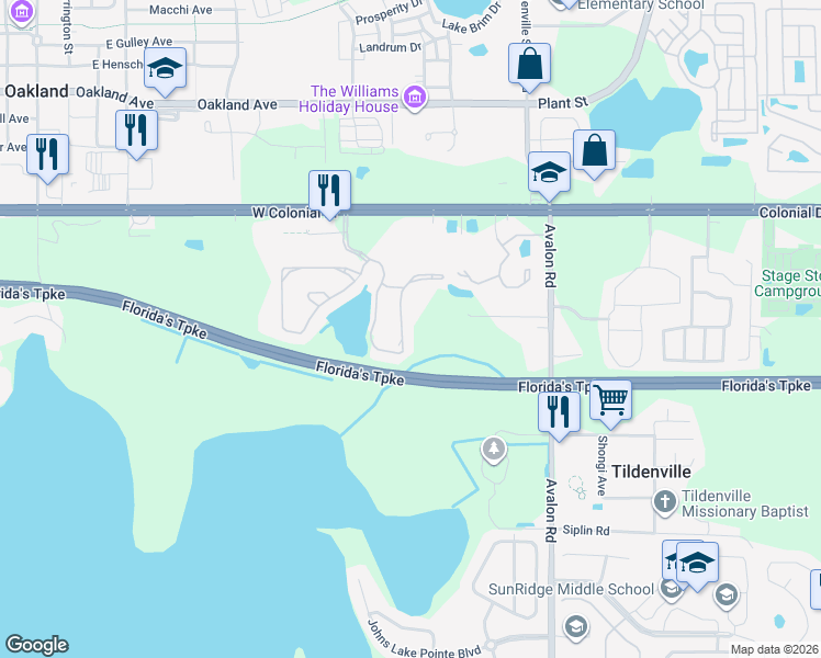 map of restaurants, bars, coffee shops, grocery stores, and more near 1458 Broken Oak Drive in Winter Garden