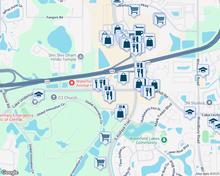 map of restaurants, bars, coffee shops, grocery stores, and more near 12115 Waterstone Court in Orlando