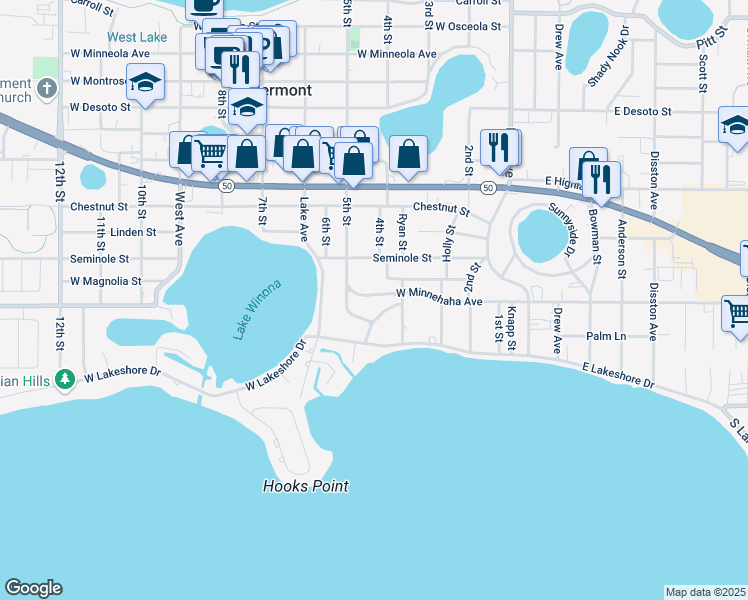 map of restaurants, bars, coffee shops, grocery stores, and more near 447 West Minnehaha Avenue in Clermont