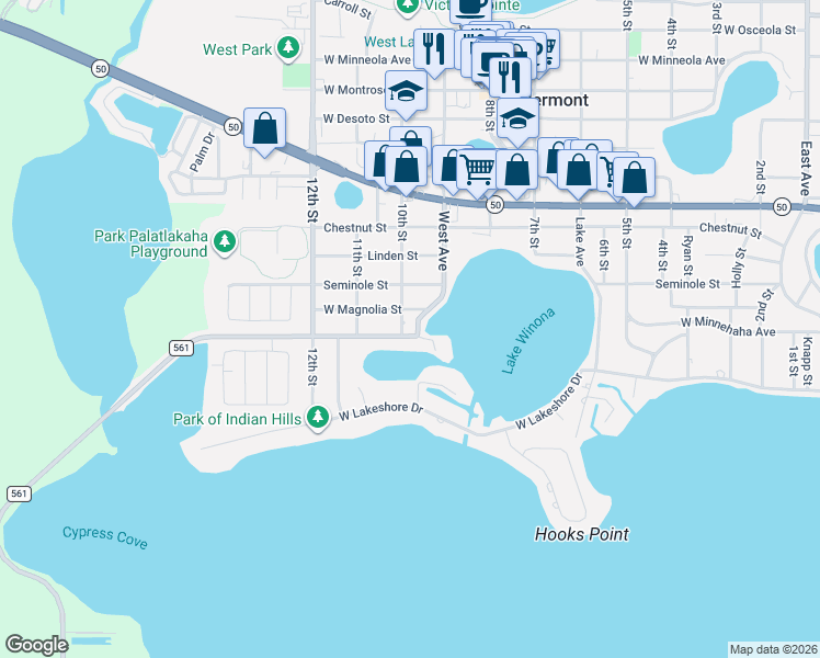 map of restaurants, bars, coffee shops, grocery stores, and more near 1035 West Minnehaha Avenue in Clermont