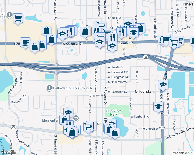 map of restaurants, bars, coffee shops, grocery stores, and more near 338 North Buena Vista Avenue in Orlando