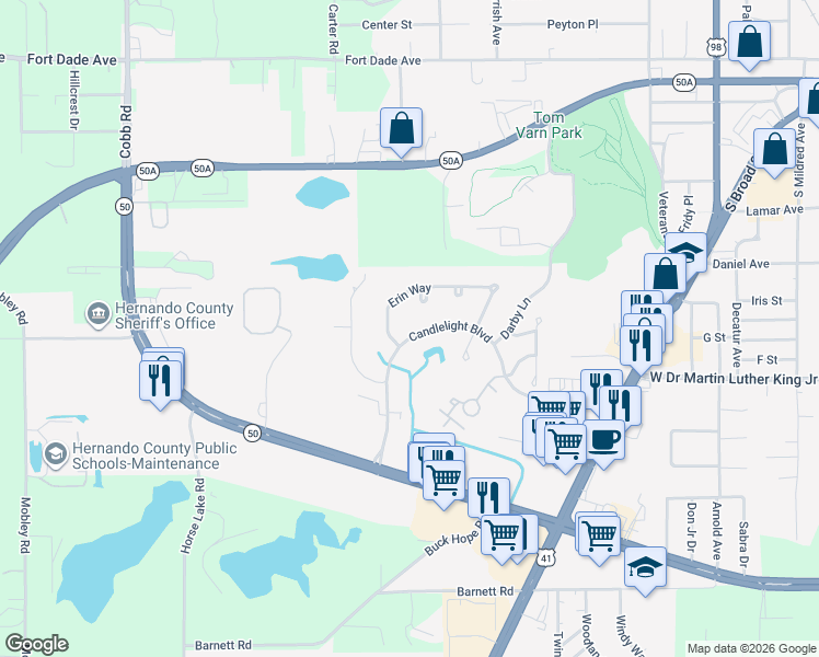 map of restaurants, bars, coffee shops, grocery stores, and more near 1304 Candlelight Boulevard in Brooksville