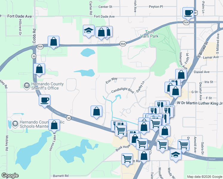 map of restaurants, bars, coffee shops, grocery stores, and more near 1304 Candlelight Boulevard in Brooksville