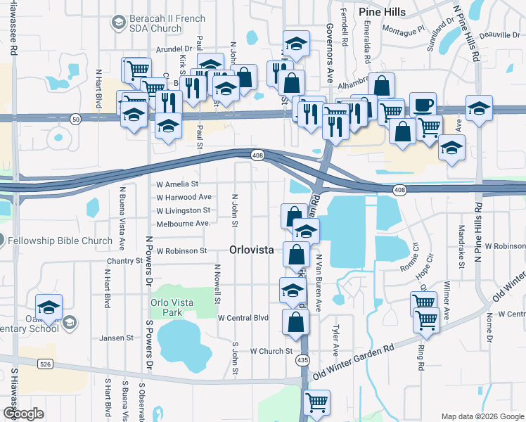 map of restaurants, bars, coffee shops, grocery stores, and more near 312 North Normandale Avenue in Orlando