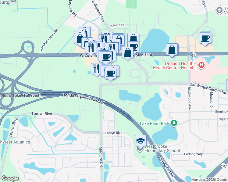 map of restaurants, bars, coffee shops, grocery stores, and more near 3109 Lawrence Street in Orlando