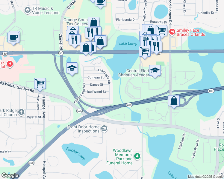 map of restaurants, bars, coffee shops, grocery stores, and more near 9231 Lake Lotta Circle in Gotha