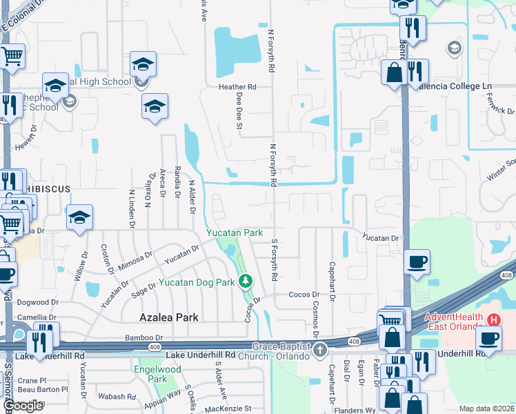 map of restaurants, bars, coffee shops, grocery stores, and more near 326 North Forsyth Road in Orlando