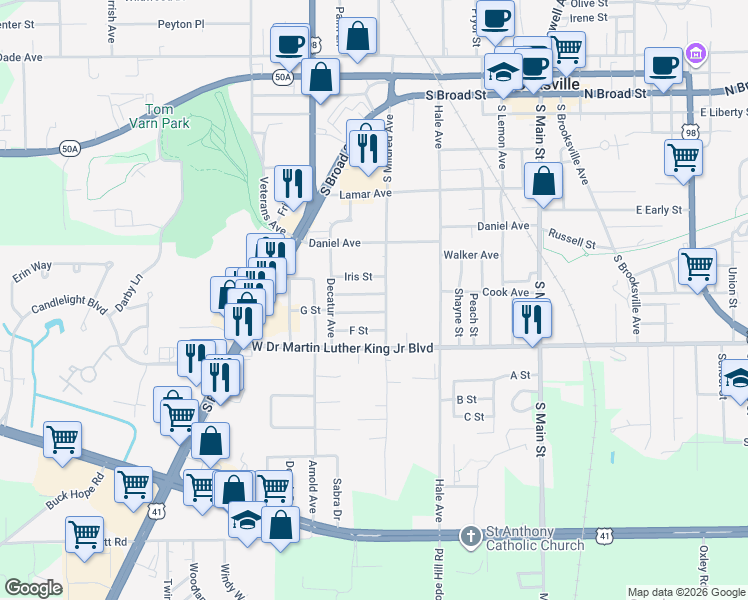 map of restaurants, bars, coffee shops, grocery stores, and more near 609 Holley Street in Brooksville