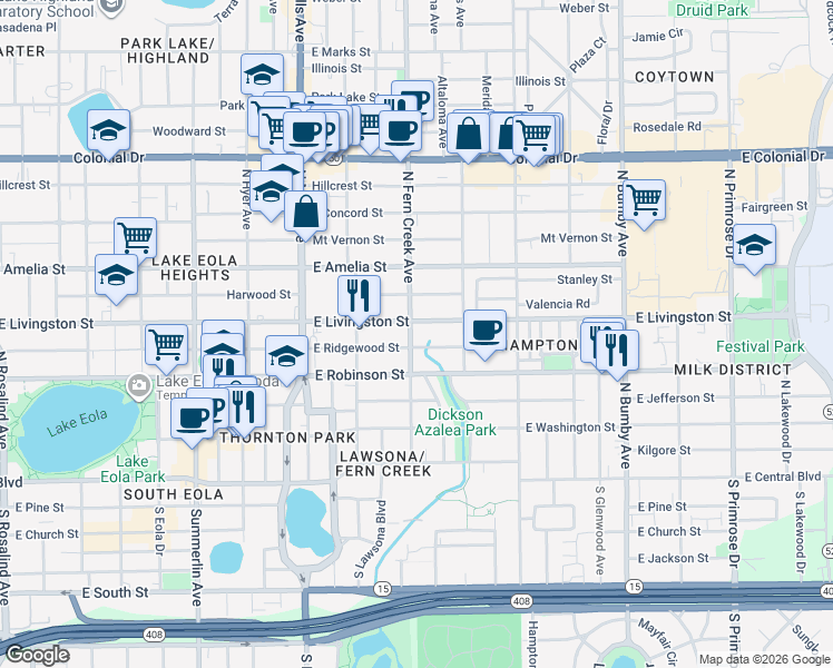 map of restaurants, bars, coffee shops, grocery stores, and more near 315 North Fern Creek Avenue in Orlando